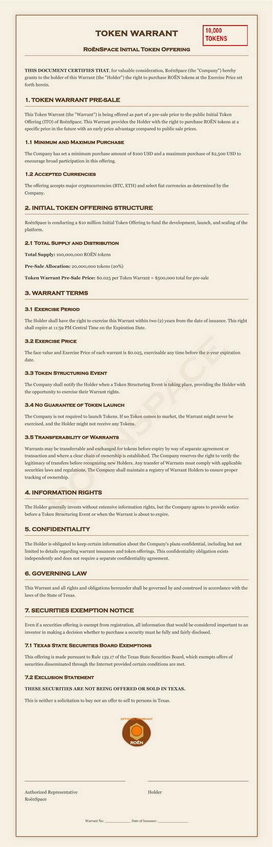 token warrant 10,000 RoënSpace